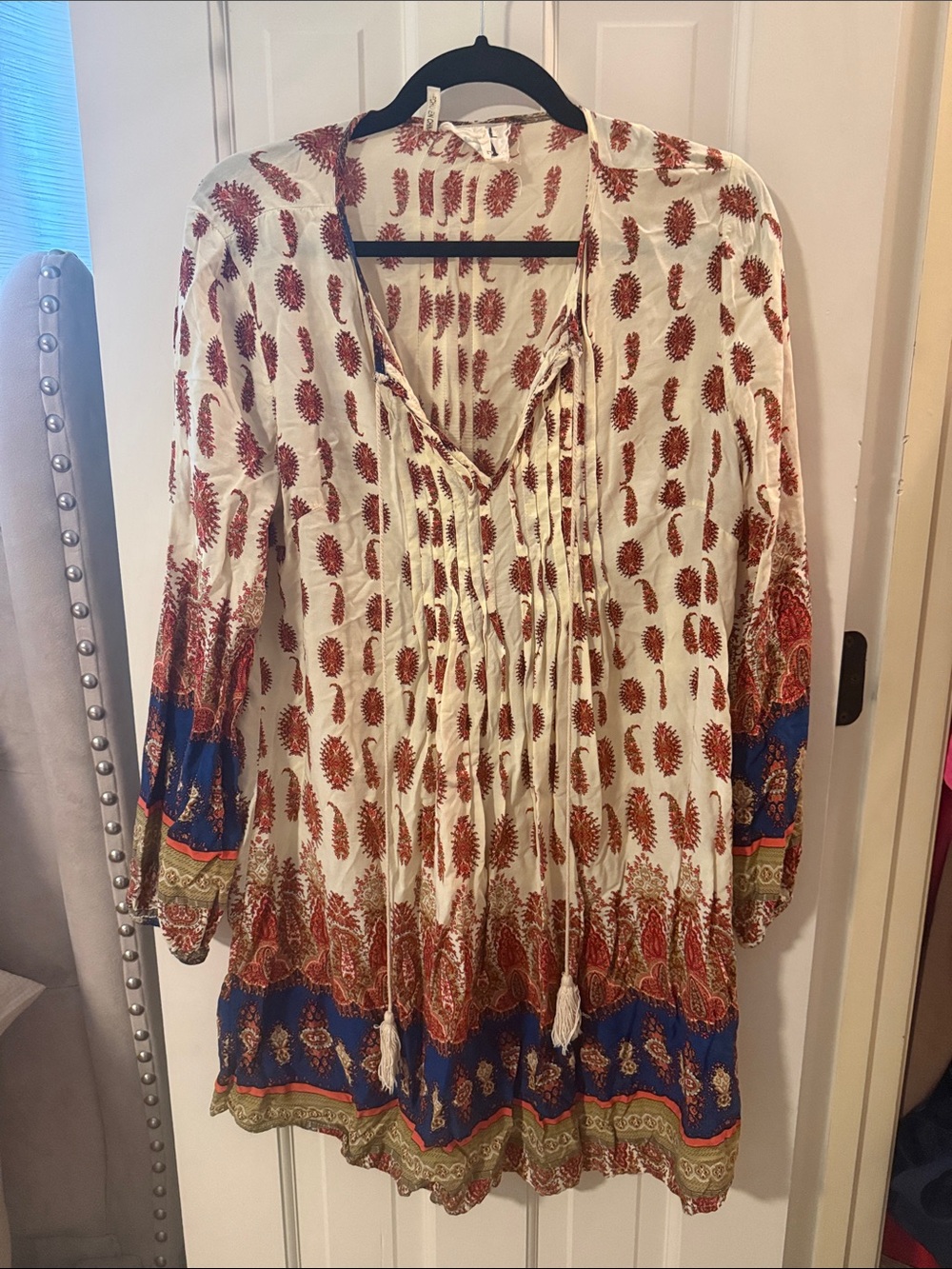 Boho Long-Sleeve Printed Tunic Dress - Cream with Red & Blue Accents